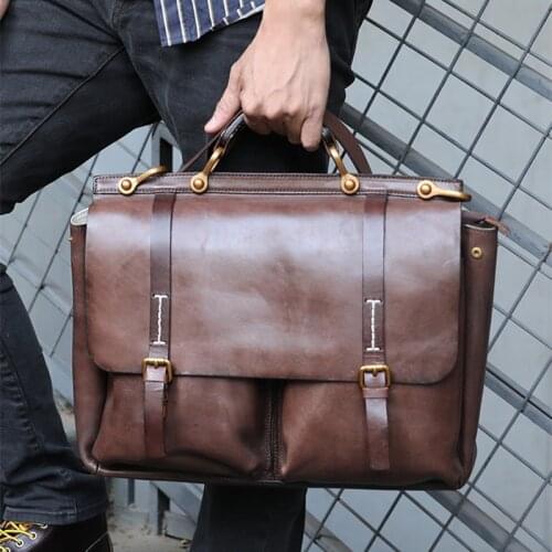 Washed old vegetable tanned cowhide Handbags Mens shoulder messenger bag leather large capacity briefcase 14 inch laptop bags