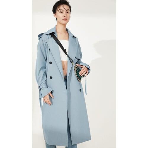 Temperament Haze Blue Windbreaker Womens Knee Length Tie 2021 Spring and Autumn European Maple Leaf Red Double Row Button Long