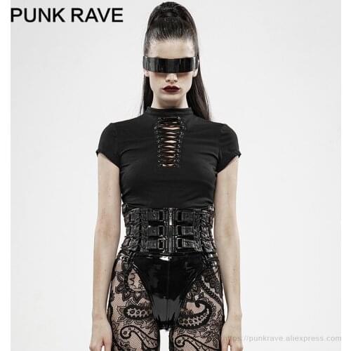 PUNK RAVE Womens Punk Hollow-out Strap Short-sleeved T-shirt Fashion Personality Metal Pu Leather Rope Slim Women Short Tops