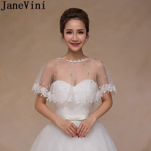 JaneVini Luxury Crystal Lace Wedding Bolero Pearls Bridal Cape Wraps 2018 Top Bolero Lebanon Women Boleros Flowers Accessories