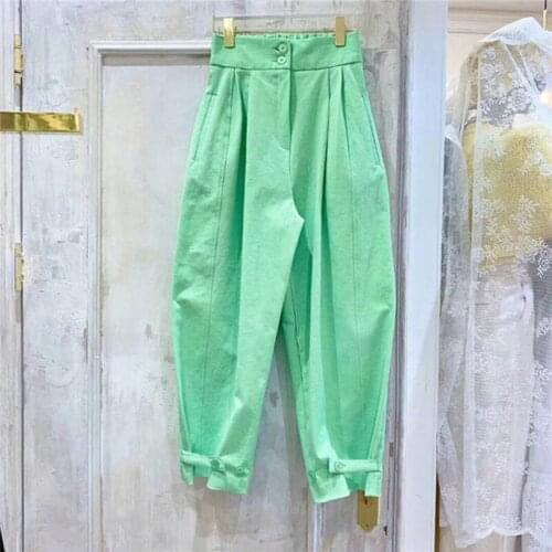2021 Spring Pants Women High-waisted Harlan Pants Button Solid Color Simple Casual Wide Leg Trousers