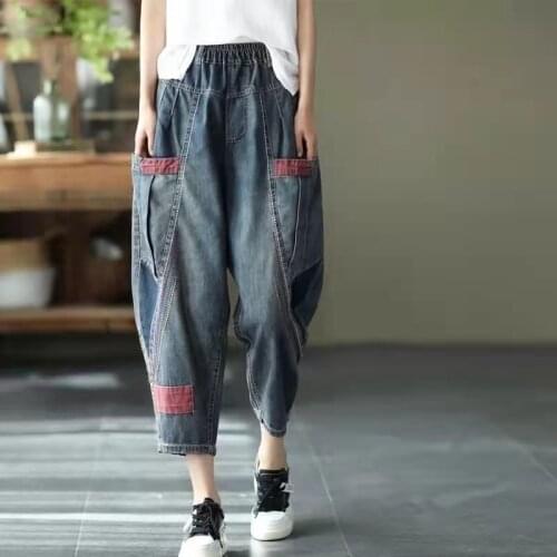 2021 New Arrival Summer Women Loose Casual Elastic Waist Pocket Design Ankle-length Pants Cotton Denim Patchwork Jeans W429