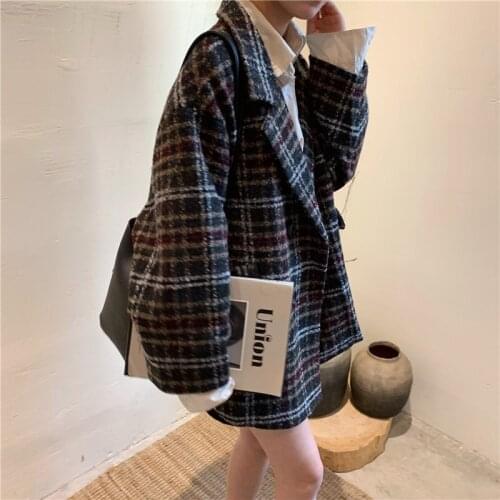 Alien Kitty Plaid Feminine Vintage OL Clamping-cotton Thicken All Match Hot Office Lady Sweet Gentle Woolen Women Loose Blazers
