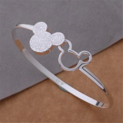Hot 925 Sterling Silver Pretty Frosted Mickey bangle Bracelets for Women adjustable Fashion Party wedding Gifts Jewelry