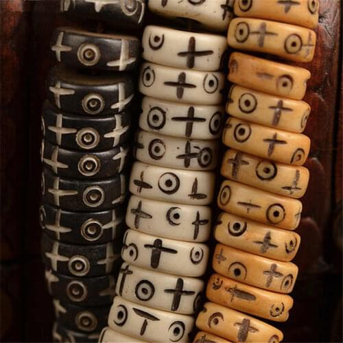 108PCS 10mm Tibet Yak Bone Hand Carved Sun Star Cross Totem Prayer Loose Beads Black White Brown Optional TSB0345