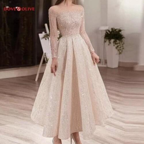 Champagne Evening Dresses Sequined Bling Long Sleeves Elegant Sheer Neck Scoop Neck A Line Ruffles Prom Gowns Formal Party