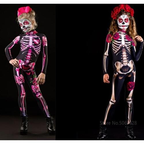 Kids Girl Halloween Cosplay Skeleton Rose Devil Ghost Cosplay Party Scary Cosplay Costume Jumpsuit Baby Girl Day Of The Dead