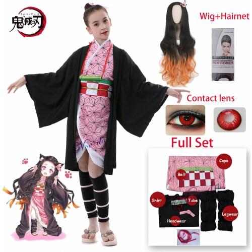 Kamado Nezuko Girls Women Kimono Anime Demon Slayer Kimetsu no Yaiba Cosplay Costume Wig Tanjirou Zenitsu Shinobu Tomioka