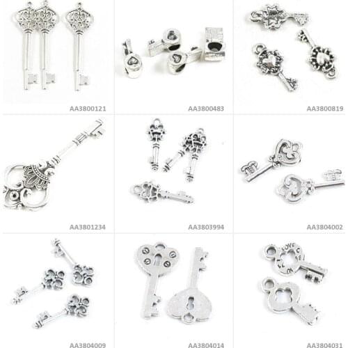 Antique Silver Tone Jewelry Making Charms Magic Skeleton Key of Love Crown Heart Loose Beads Fake Bracelet Pendant Necklace