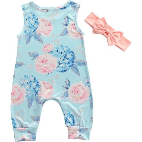 0-24M Newborn Baby Girls Boys Rompers Headband Flowers Print Sleeveless Jumpsuits Clothes 2pcs