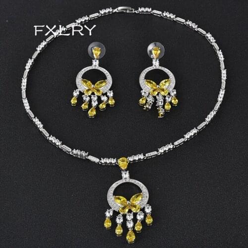 FXLRY Multicolor optional New Luxurious Classic White Color AAA Zircon water drop Earrings And Necklaces Wedding Jewelry Sets