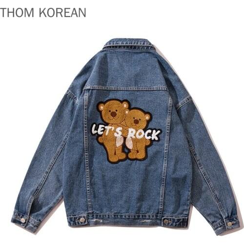 2021 Autumn Women Denim Loose Jacket Cartoon Bear High Quality Men Coat Couple Wear Pockets Casual Outerwear Lets Rock