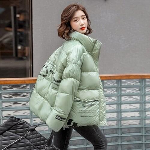 Korean Style Womens Winter Jacket With Zipper Stand Collar Printing Loose Female Parkas Thick Cotton Padded Women Puffer Coat
