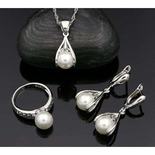 Silver 925 Classic Jewelry Sets for Women White Pearl Beads Ring Pendant Necklace Drop Earrings Wedding Accessories
