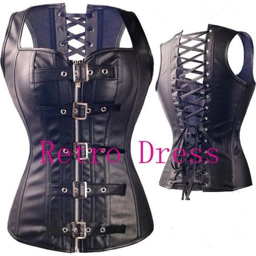Hot Sexy Steam Punk Wasit Steampunk Black Lace up Zip Faux Leather Gothic Soft Bustiers PVC Overbust Corset Top Plus Size S-6XL