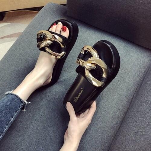 Thick Bottom Slippers Women Platform Sandals ZAR Shoes 2021 New Summer Fashion Metal Chain Woman Beach Slippers Chaussure Femme