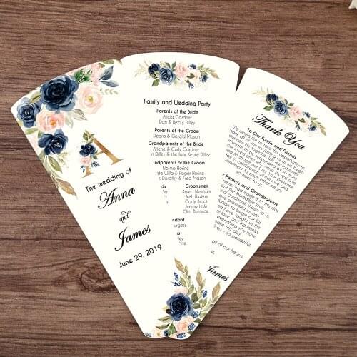 Wedding Program Petal Fans Assembled Single page printing set of 50 blue Customized printed three pages