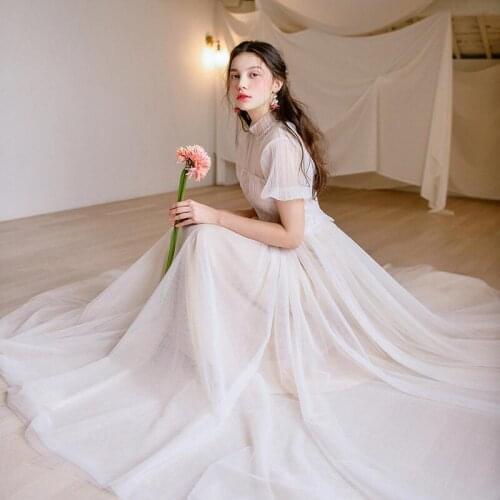 Tulle Short Sleeve Wedding Bridesmaid Dress Elegant Cheap High Neck Customize A Line Bridal Engagement Dress Free Shipping 1351