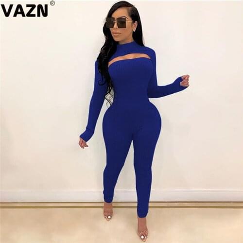 VAZN 2020 Autumn Knit Outfits Hollow Out Sexy Club Yoing Solid Full Sleeve Top Strapless Jumpsuits Slim Women 2 Piece Set