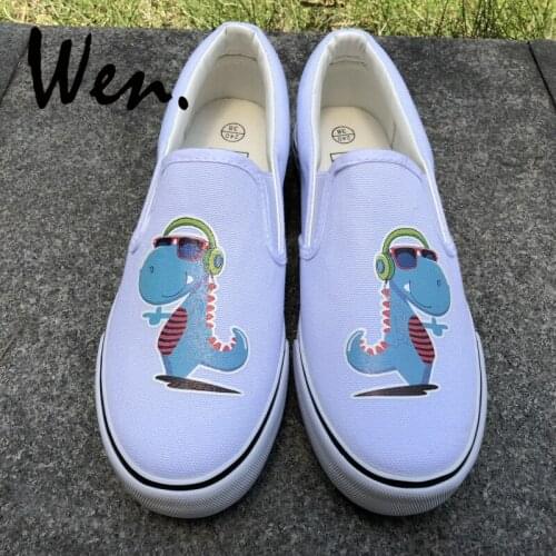 Wen Original Adult Design Cartoon Dinosaur Earphone Listen to Music Slip On Men Canvas Shoes White Black Women Flats Sneakers