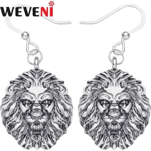 WEVENI Plated Alloy Antique Gold Lion Head Earrings Big Lovely Animal Drop Dangle Jewelry For Girl Kid Fashion Gift Accessories