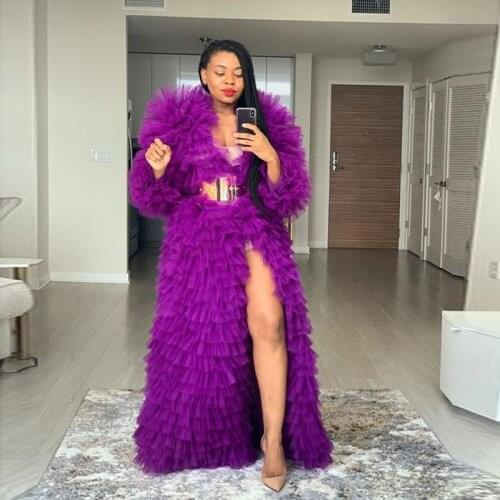 Bright Purple Robe Puffy Prom Dresses Full Sleeve Evening Party Dress celebrity sukienki Open Front Ruffle Evening Dress No Belt