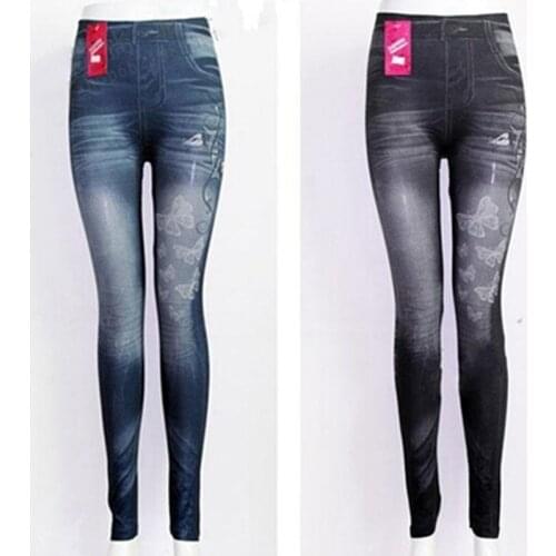 Sexy Imitation Jean Skinny Leggings Butterfly Print Pants Bottoms 2021 Women New Fashion Classic Stretchy Slim Leggings