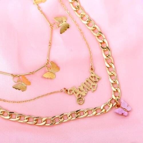 JUST FEEL Fashion Multilayer Angel Letter Pendant Necklace for Women Gold Color Resin Metal Butterfly Necklace Statement Jewelry