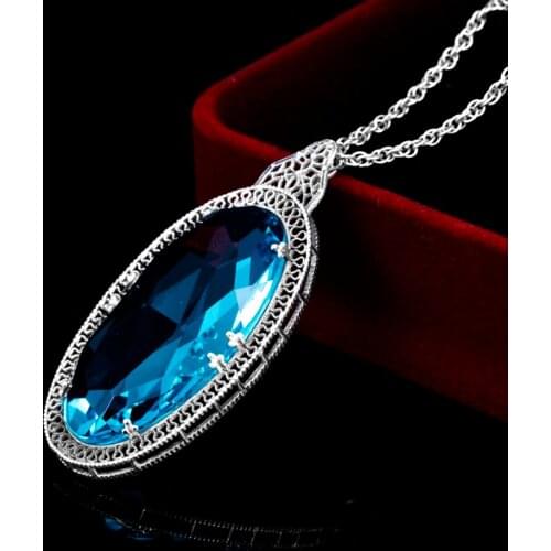 Big Oval Aquamarine Pendants Antique Silver Steampunk Goth Gemstone Necklace Pendant Vintage Gothic Jewelry for Women Elegant