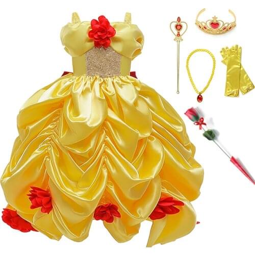 2-10T Cosplay Belle Princess Dress for Girls Beauty and the Beast Costume Child Birthday Party Fancy Dress Sequins Layered Frock