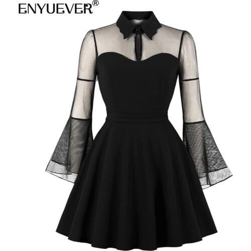 Enyuever Plus Size Black Goth Dress Women Autumn Clothes Mesh See Through Flared Sleeve Hollow Out Casual Party Gothic Dress