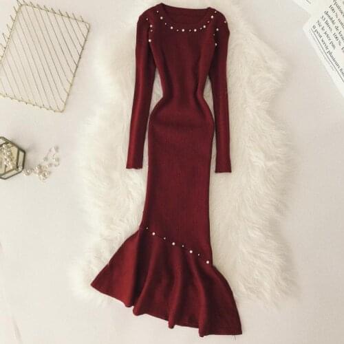 2019 winter new women chic O-neck long sleeve beading package hip knitted fishtail dress female vintage trumpet sweater dresses