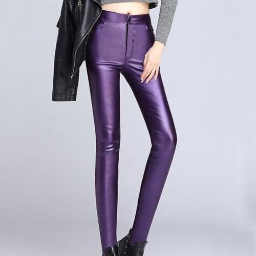 Winter Fall Fashion Women Ladies Sexy Skinny Stretch Pu Leather Pencil Pants , Womens Purple Wine Red Blue Fleece Warm Trousers