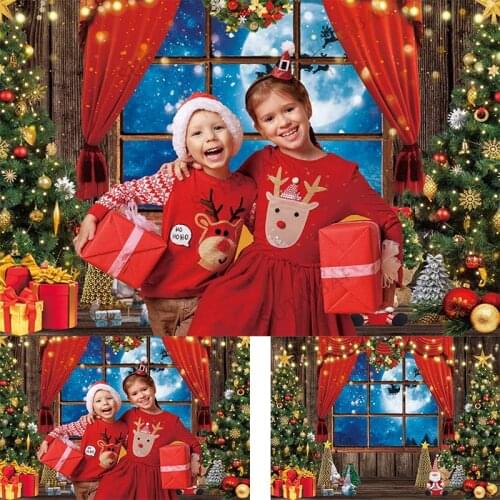Winter Christmas Photography Backdrop Xmas Rustic Wooden Window Full Moon Night Background Baby Kids Party Decorations