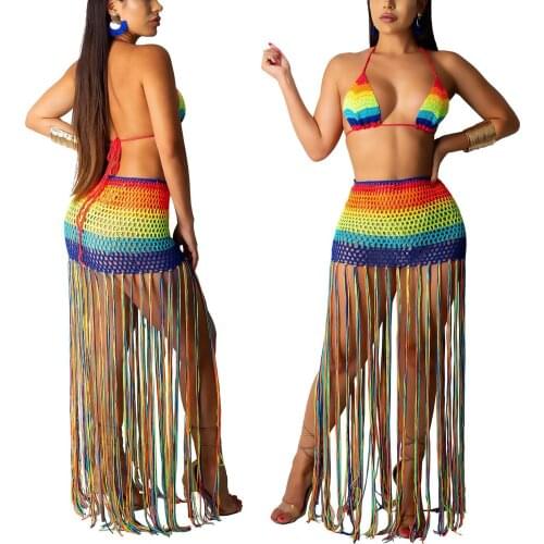 2Pcs Women Beach Outfit Rainbow Crochet Lacing Halter Neck Backless Tops + High-Waist Tassels Skirt Summer Beach Swimwears hot