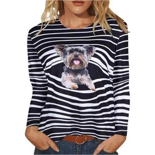 4#Women Shirt Long Sleeve Tops Stripe Round Neck Long Sleeve Cat Prints Irregular Hem Blouse Tops Women Blouse Office Work Shirt