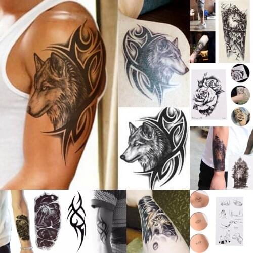 8 Styles Waterproof Temporary Tattoo Sticker Black Wolf Head Totem Big Clock Forest Wolf Mechanical Arm Body Art Transfer Tattoo