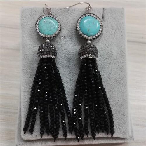 Bohemia Boho Blue Turquoises Stone Attacth Black Beaded Thick Tassel Dangle Earring For Women Wedding Prom Daily Wear Jewelry