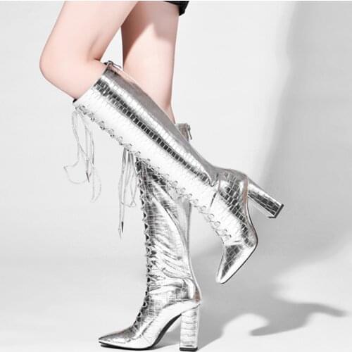 Patent Leather Lace Up Boots Snake Skin Hollow Knee High Chunky Heel Autumn Shoes Women Square Toe Runway Halloween Cool Boots