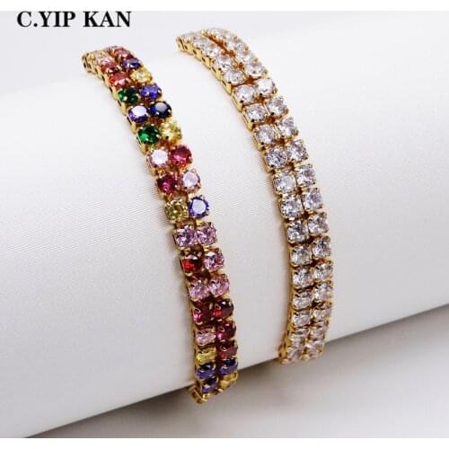 C.YIPKAN drilling and double row design gold plated Bracelet for Women Adjust Size CZ fashion Bracelets Chain Link charm Jewelry