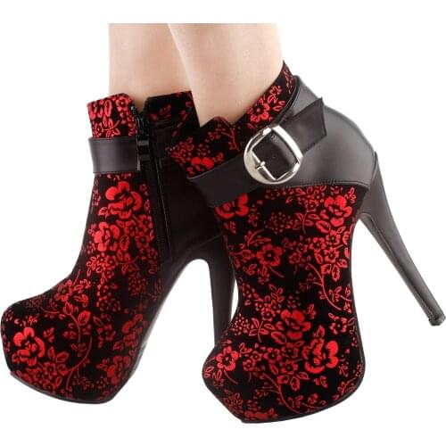 LF80869 SHOW STORY Elegant Red Black The Plum Blossom Buckle Platform Stiletto Ankle Bootie Boot