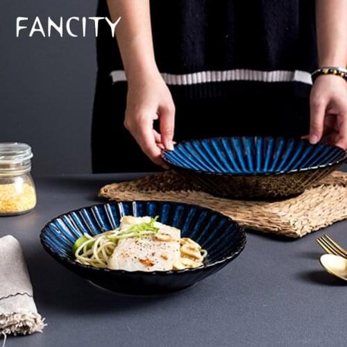 FANCITY Japanese creative personality ceramic blue plate pasta plate picnic plate ins fruit salad plate household disc