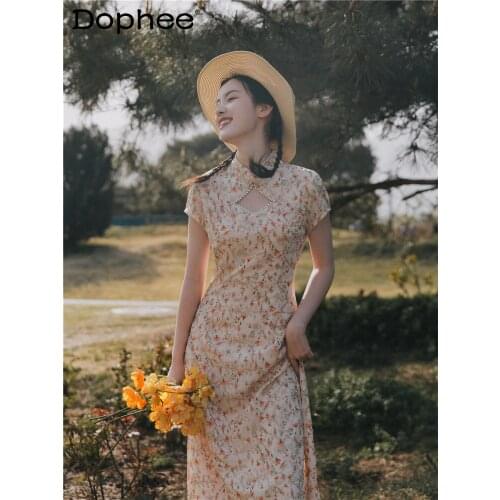 French Retro Dress Embroidery Floral Slim Waist Cheongsam Dress Summer Sweet Girls Chinese Style Mid-length Dress for Women