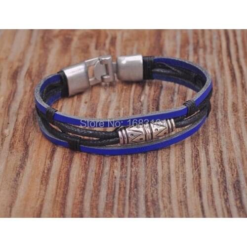 G154 Blue Leather Hemp Braided Surfer Wristband Bracelet Cuff Cool Metal Clasp Mens