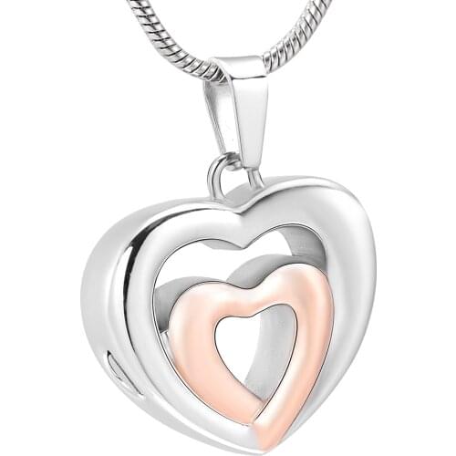 IJD12431 Unique Double Heart Stainless Steel Cremation pendant Keepsake Necklace Ashes Holder Urn for Men/Women Memorial Jewelry