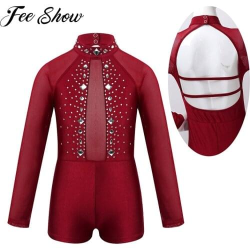 Kids Girls Sparkly Rhinestones Tulle Long Sleeves Ballet Dancewear Gymnastics Leotard Unitards Stage Performance Costume