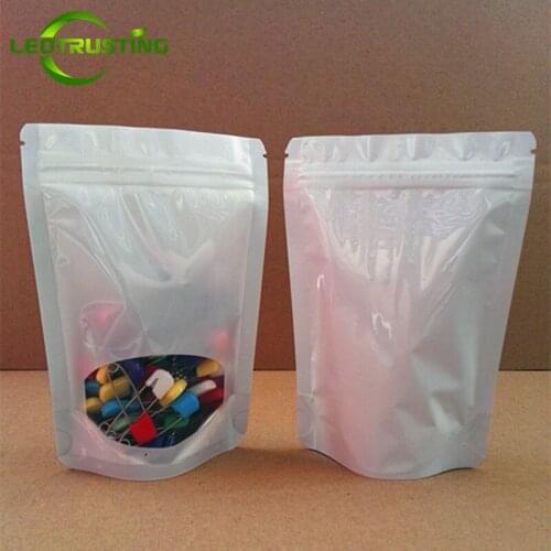 Leotrusting 50pcs Glossy White Elegant Foil Window Zip Lock Bag Aluminzing Clear Window Powder Coffee Beans Gift Packaging Bags