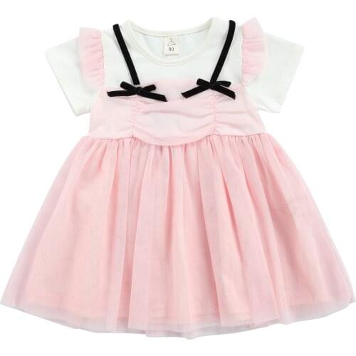 Summer Breathable Little Girls Dress Children False Two Pieces Bow Decoration Mesh Splicing Short Sleeve Princess Dress