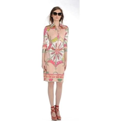 Summer Dress Real Rushed Freeshipping Silk Cotton 2017 Fashion Turn-down Collar Print Elegant Elastic Knitted One-piece Dress