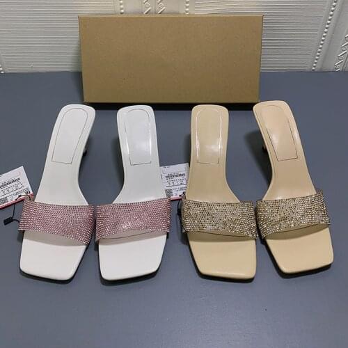 LMCAVASUN 2021 New One Word Square Toe High Heel Summer Sandals Woemn Thin Heel Female Beige Crystal Slippers